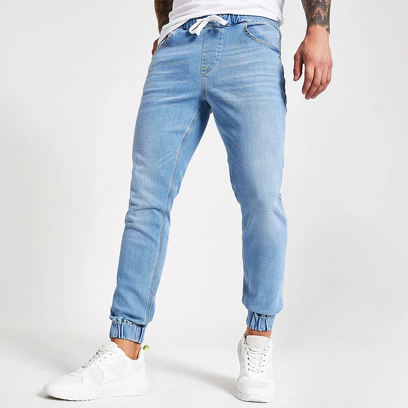 UUYUK Men Washed Drawstring Jogger Fashion Elastic Waist Denim Jeans Pants 
