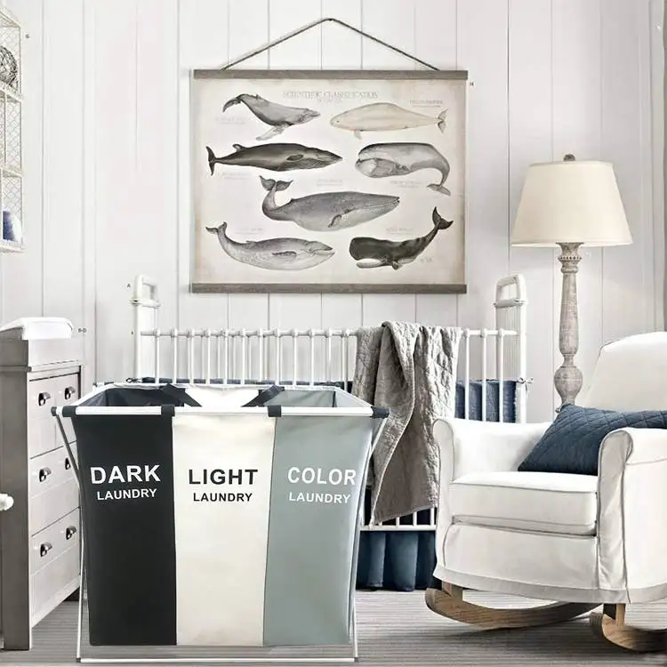3 Section Laundry Hamper Compartments Foldable Collapsible Canvas Laundry Basket With Metal Rack