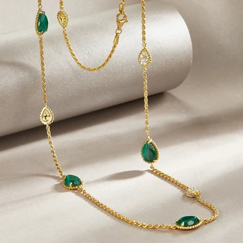 Trendy 18k Gold Plated Necklace 925 Sterling Silver CZ Zircon Gemstone Charm Necklace Natural Malachite Long Necklaces for Women