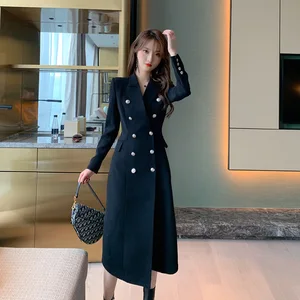 ZYHT 3621 Clothing Manufacturer Fashion Warm Jacket for Ladies Double Breasted Suit Black Thick Elegant Long Women's Winter Coat
