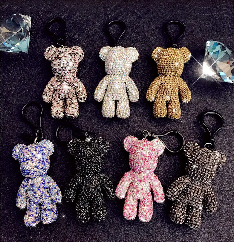 High Quality Mink Fur Pompom Bear Strass Key ChainRhinestone