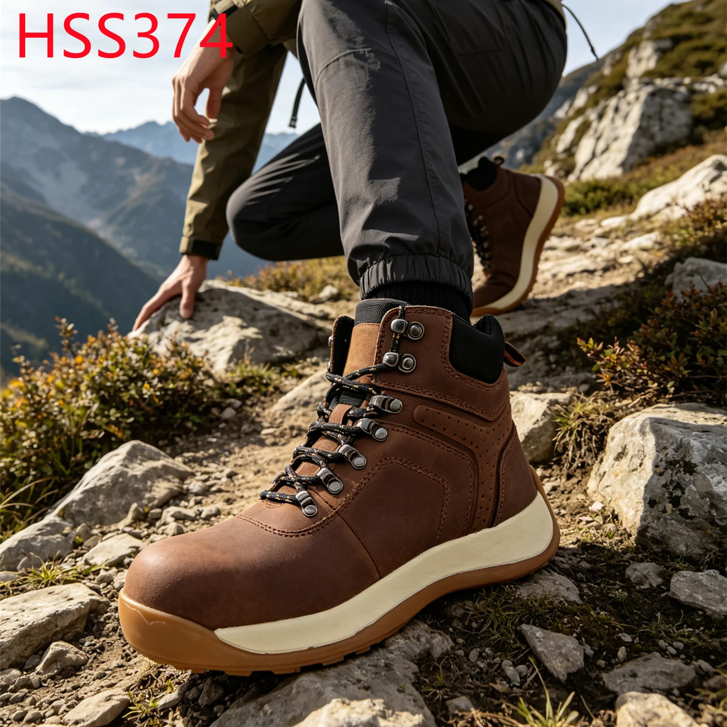 YYR,Mountain Hiking Style Super Shock Absorption Hiking Boots Athletic Work Quality Crazy Horse Leather Upper Work Boots HSS374