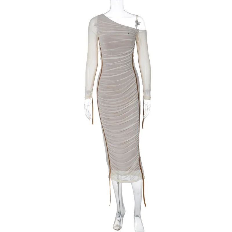 RedPeony Women Two Layer Mesh Backless Ruched Bodycon Club Party Sexy Long Dress Diagonal Collar Long Sleeve Midi Dress