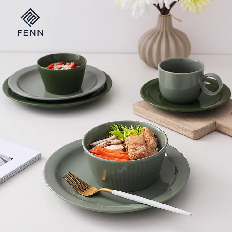 FENN New Trend 7.5/8.5 Inch Scratch Resistant Porcelain Plate Glossy Green Glazed Ceramic Plates For Daily-use