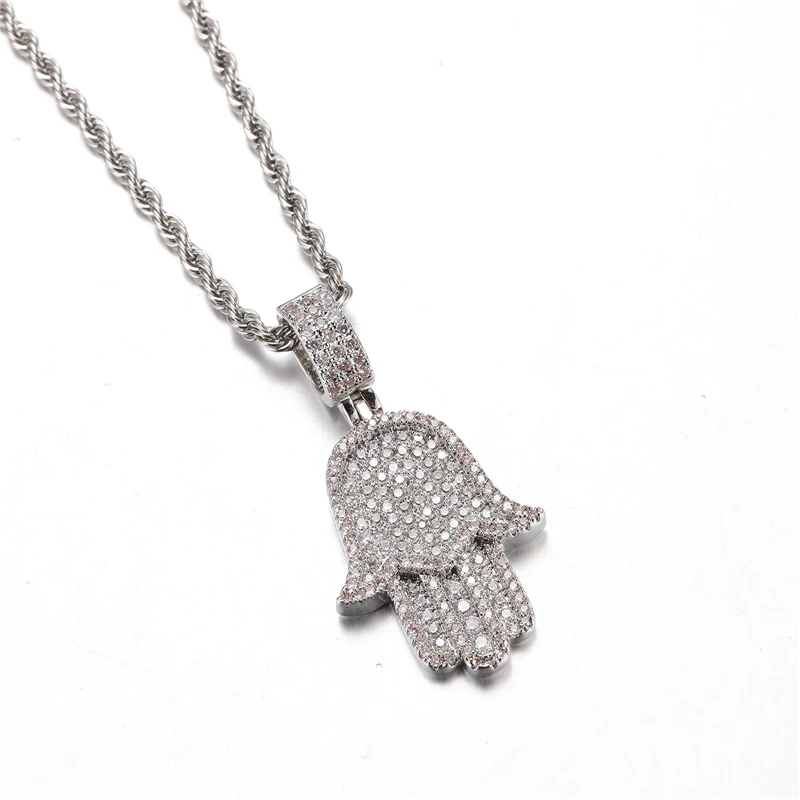 Hip Hop Jewelry Hamsa Hand Pendant Iced Out CZ Cubic Zirconia Necklace Iced Hamsa Hand Pendent Necklace in White Gold Jewelry