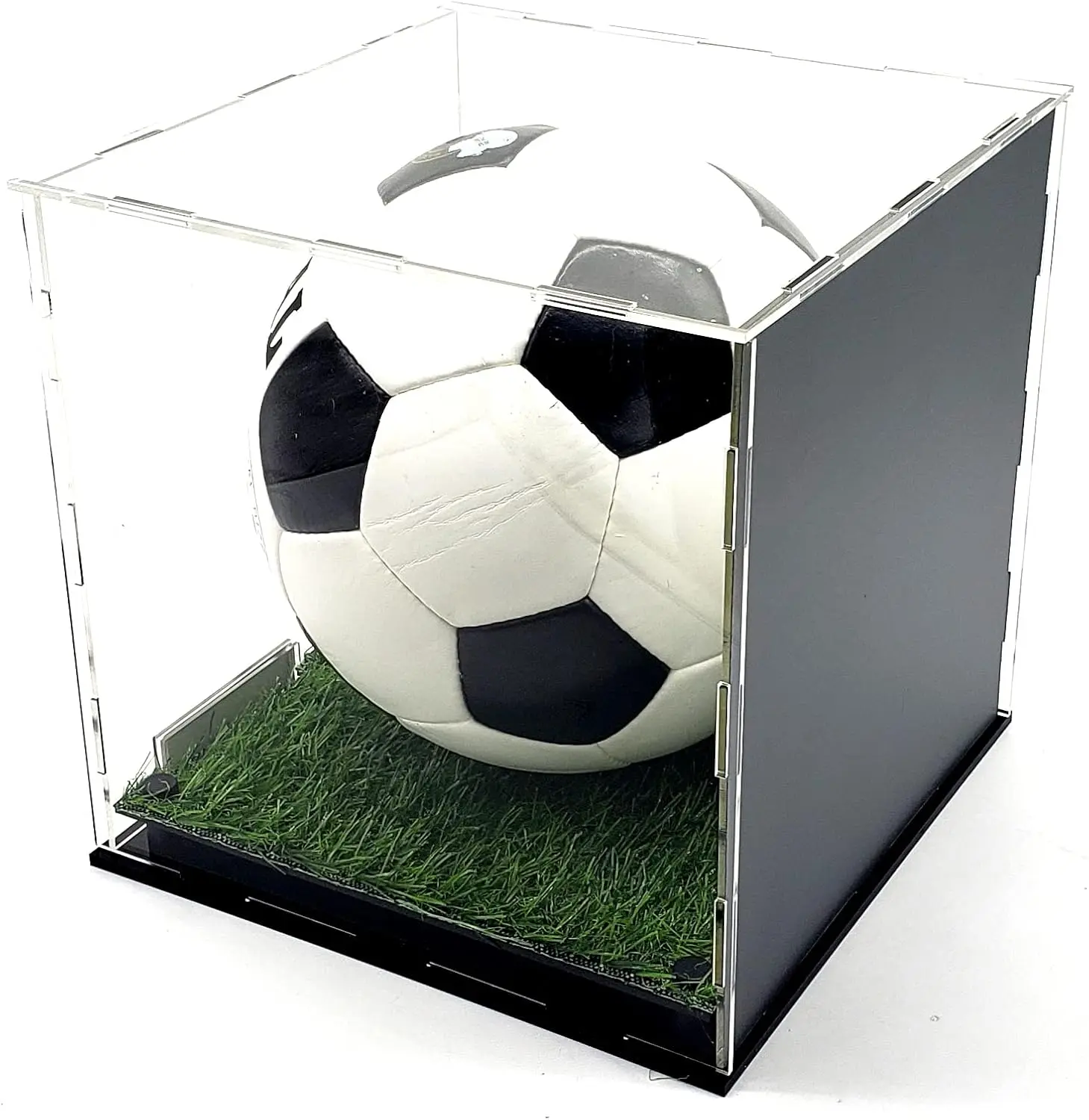 Vitrina Acrílica Para Balón De Fútbol Con Soporte | Caja Expositora Transparente 360° | A Prueba De Polvo | Incluye 2 Soportes (Negro Y Transparente)