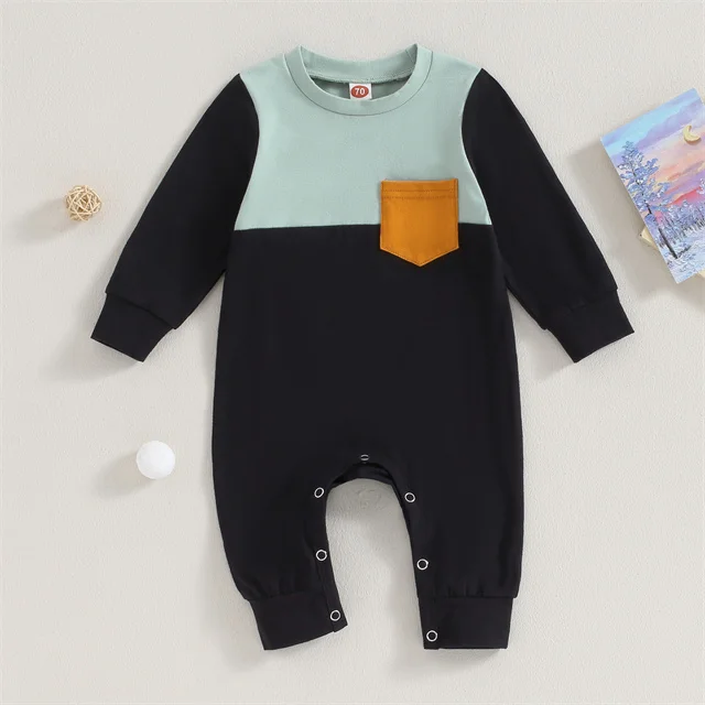 Newborn Contrast Color Long Sleeve Button Playsuit Chest Pocket Infant ...