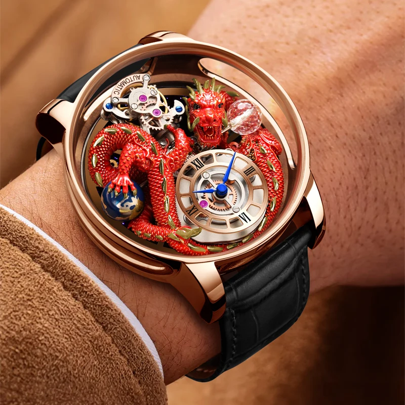 Orologio da uomo alla moda con grande quadrante 3D a forma di drago, orologio al quarzo di lusso, squisito orologio creativo, Nero e oro., Orologi al quarzo