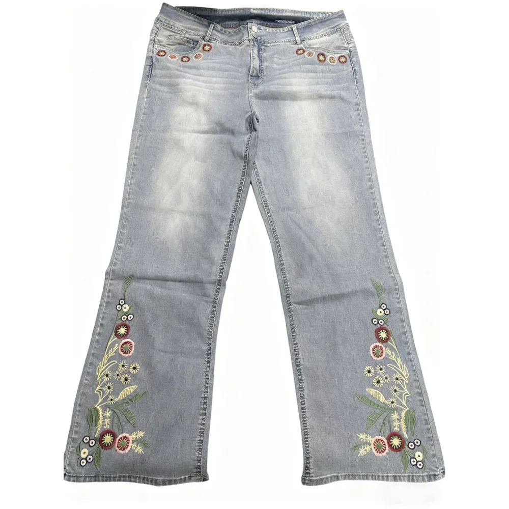 Boho Floral Embroidered Women's Flare Jeans Trendy High Waist Bell Bottom Denim Pants