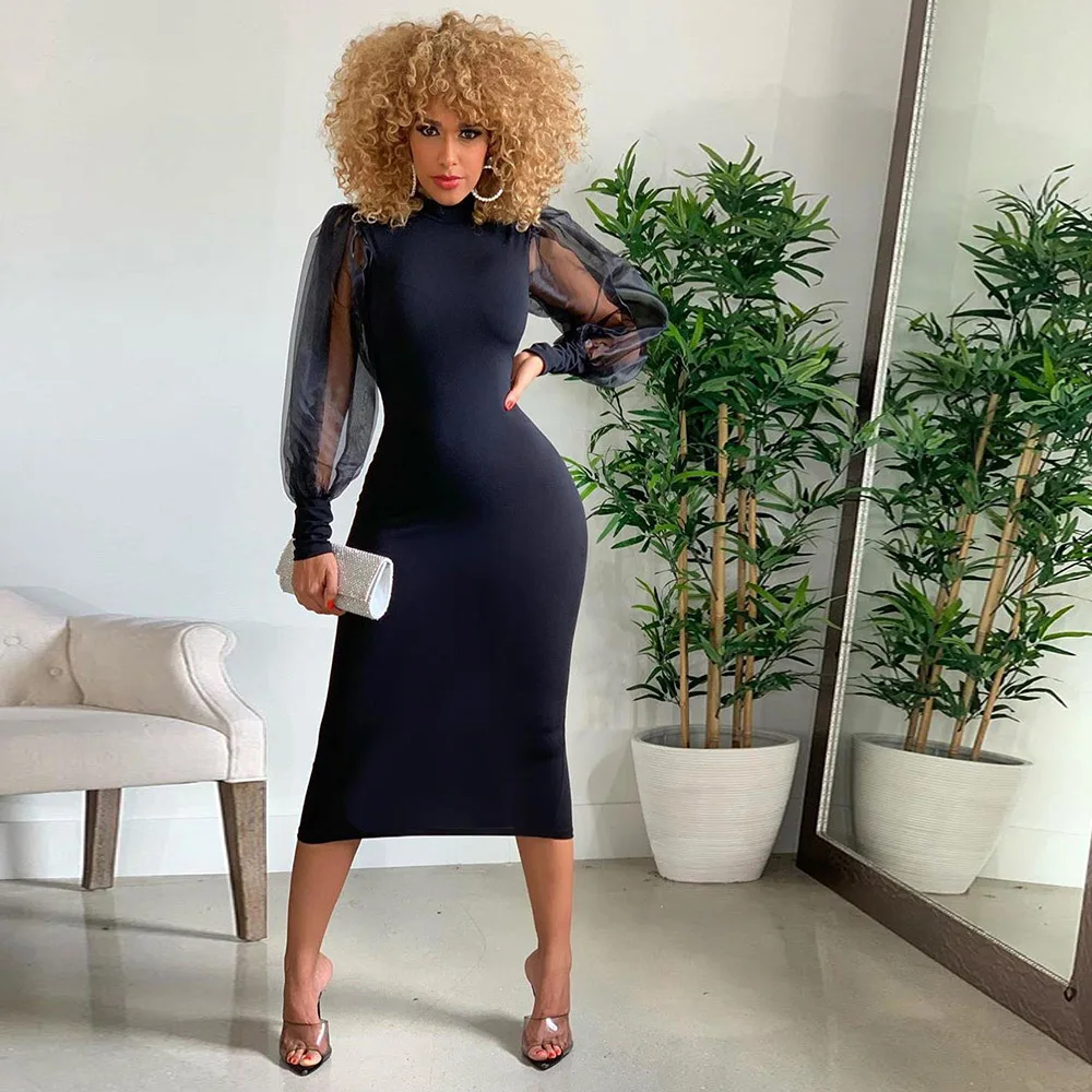 ankle length black dress with sleeves Black Boat Neck Long Sleeve A-Line Penni Midi Dress main image 0