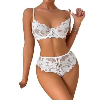 New French White Lace Beautiful Flower Hollow-Out Underwire Bra Briefs Women Feel Two Pieces Lingerie Set