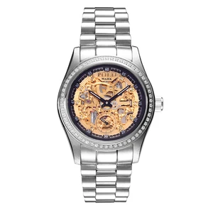 High Quality Luxury Stainless Steel Band Mechanical Watch Classic for Oyster Skeleton Design True Diamond Water-Resistant Charm