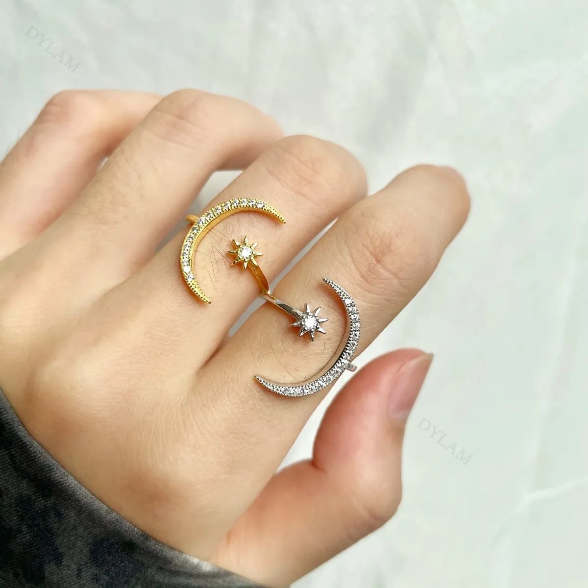 KAKODIY Fashion Design 925 Sterling Silver Jewelry Gold Plated Moon Star Ring Open Adjustable Thin Ring detail 1