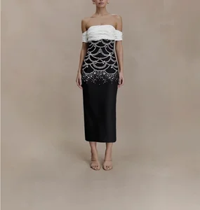 Dropping Shipping Boutique Women's Clothing Elegant White Shoulder Black Bandage Maxi Evening Dress With Diamond Chain