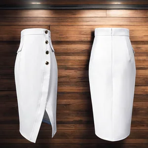 ZYHT 35113 New Style Wrap Hip Skirt Adults Knee Length Irregular Split Button Sexy Women Summer White Pencil Office Ladies Skirt