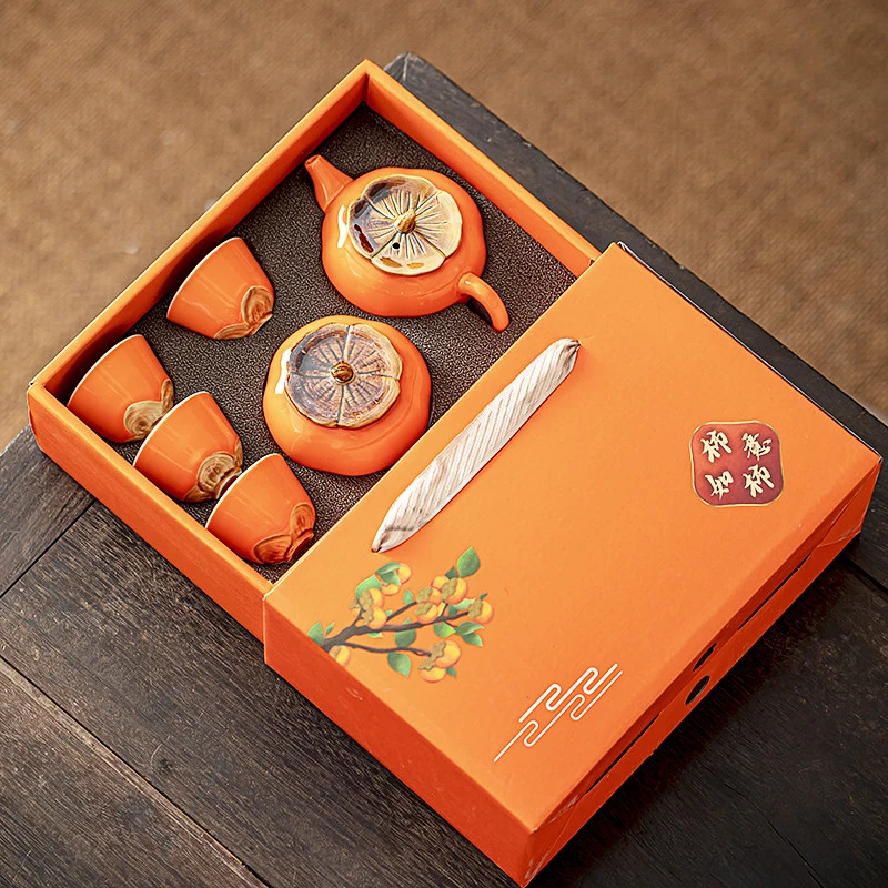 Persimmon Ruyi Tea Set Box Packaging Customized Logo Corrugated Mailing Pit Box Complete Set Pottery Porcelain Gift Drawer Box