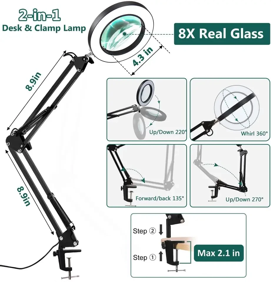 2in1 Real Glass 8x Magnifying Desk Lamp With Usb Light Stand 3 Color