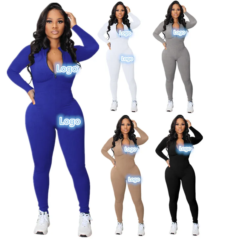 Custom Logo Jumpsuits For Women 2023 Zip Up Long Sleeve Workout One Piece Ribbed Jumpsuit Women
