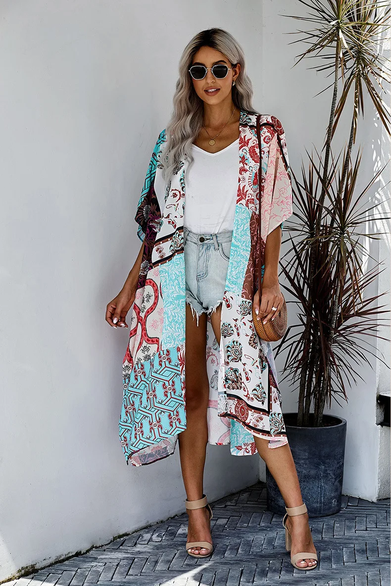 Womens Flowy Floral Print Kimono Sheer Chiffon Long Cardigan Beach Cover Up Loose Summer Tops 