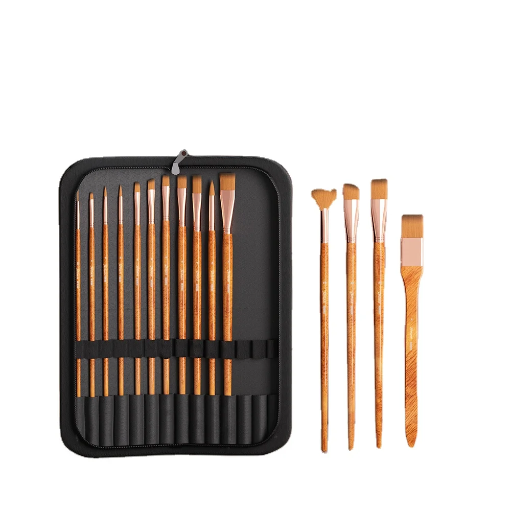 Professional 15 Pieces Nylon Wool Hair Wooden Handle Artist Drawing Paint Brushes Set for Acrylic Watercolor Gouache Oil