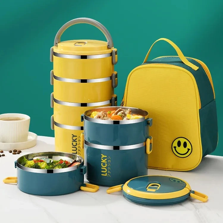 Stainless Steel Double Layer Round Bento Box Lunch Box With Handle