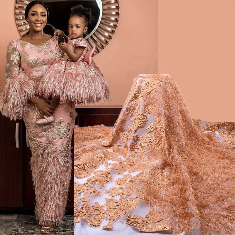 Tissu Brocart New African French Lace Fabric With Fluffy Feather Nigerian  Net Lace Embroidery Jacquard Fabric for Dress 1789