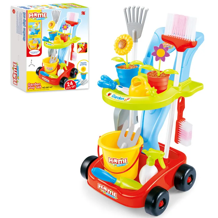 Набор для уборки сада, притворяясь, что он играет с растущими растениями, разбрызгиватель, ведро для полива, семейные интерактивные садовые игрушки