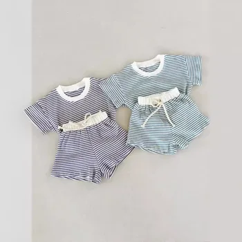 Summer European American Style Pure Cotton Two-Piece Set for Kids Stylish Half Sleeve Waffle Shorts Sports Baby Suit