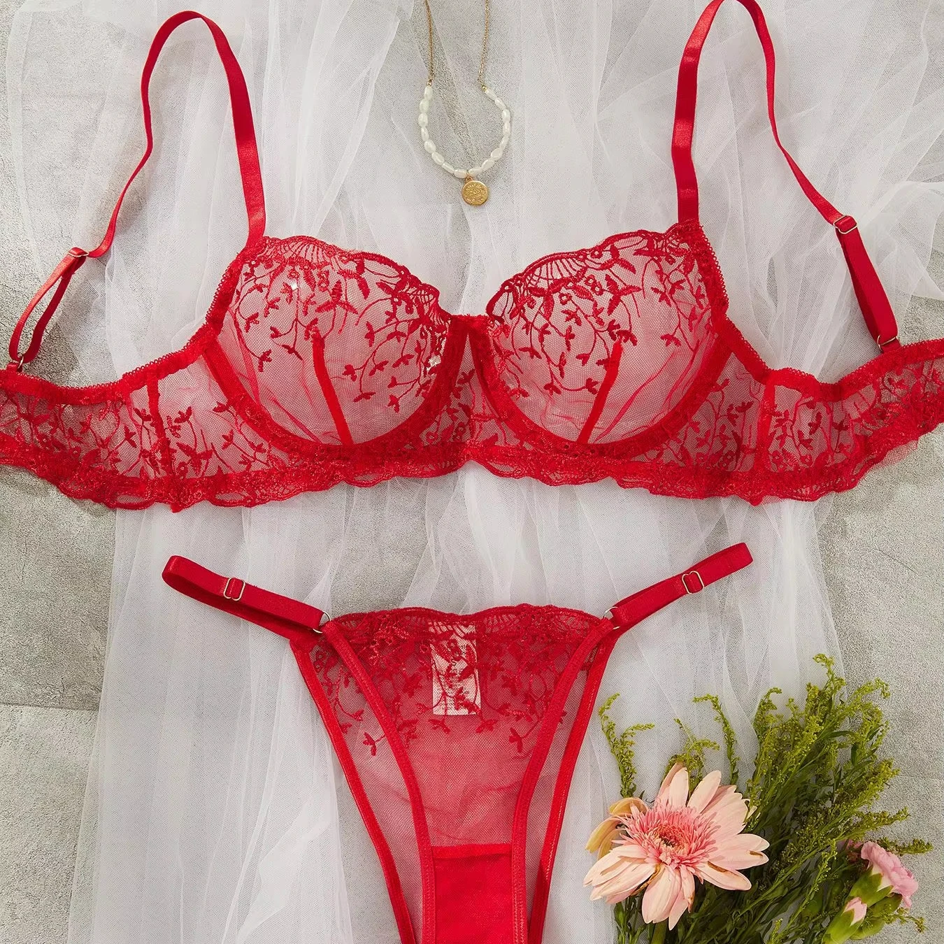 Chuangerm Autumn New Mesh Bra and Panyies Embroidery See-through Sexy Niche Design Set with Steel Ring Sexy Lingerie Sets