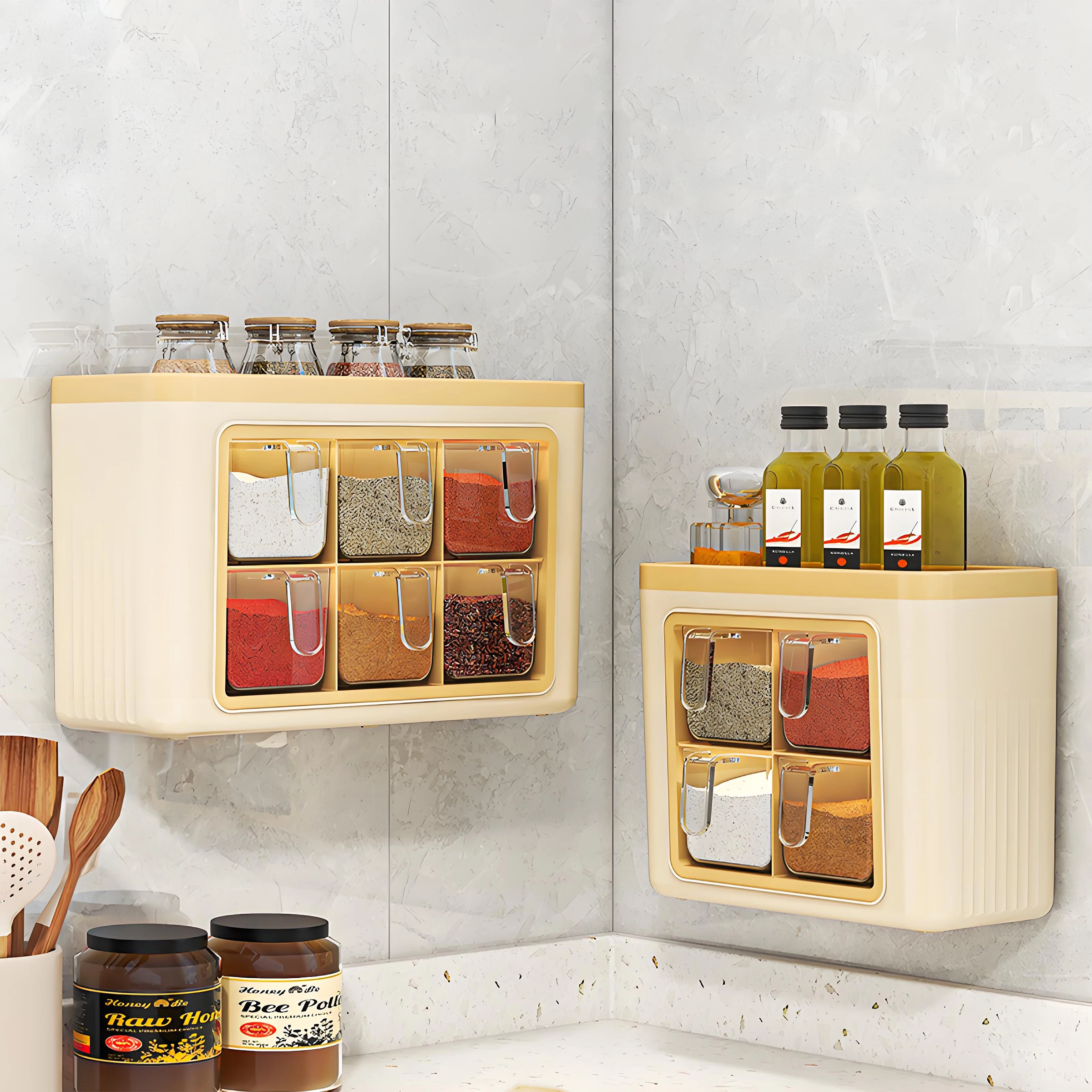 Wholesale Modern European Style 6-Compartment Plastic Spice Box Dual-Use Stand Wall-Mounted Hot Sale Food Storage Container