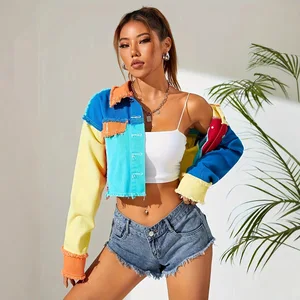 Colorful Distressed Denim Jacket Long Sleeve Cowboy Short Top for Women Fashion Women Coats