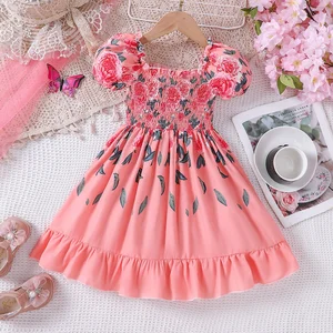 Girls' Romantic Rose Dress for Summer Vacation Sweet Floral Pattern O-Neck Collar Ruffle Girls Dresses for Girls