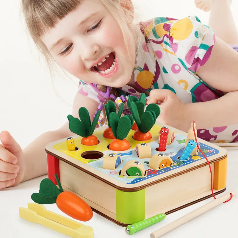 3-in-1 Holzspielzeug für die frühkindliche Bildung, Karottenziehen, Angeln, Insektenfang, Montessori-Holzspielzeug zur Feinmotorikförderung