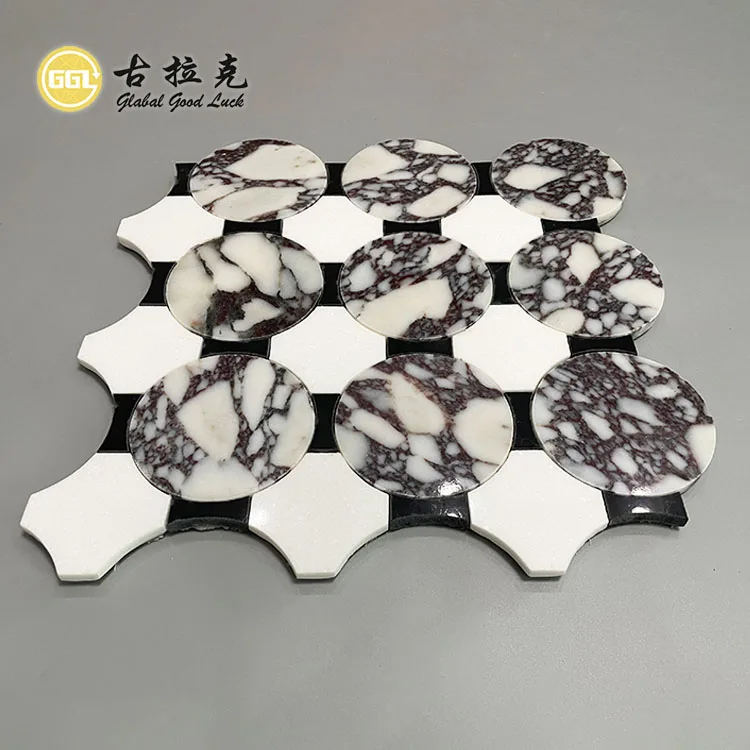 Luxury Design Water Jet White Stone Round Calacatta Viola Marble Mosaic Tile for Villa Hotel Decor