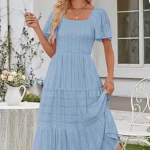 Summer Bohemian-Style Mid-Length Dress Flowing Short-Sleeved Square-Neck Pleated Layered Ruffled Design Eco-Friendly Natural