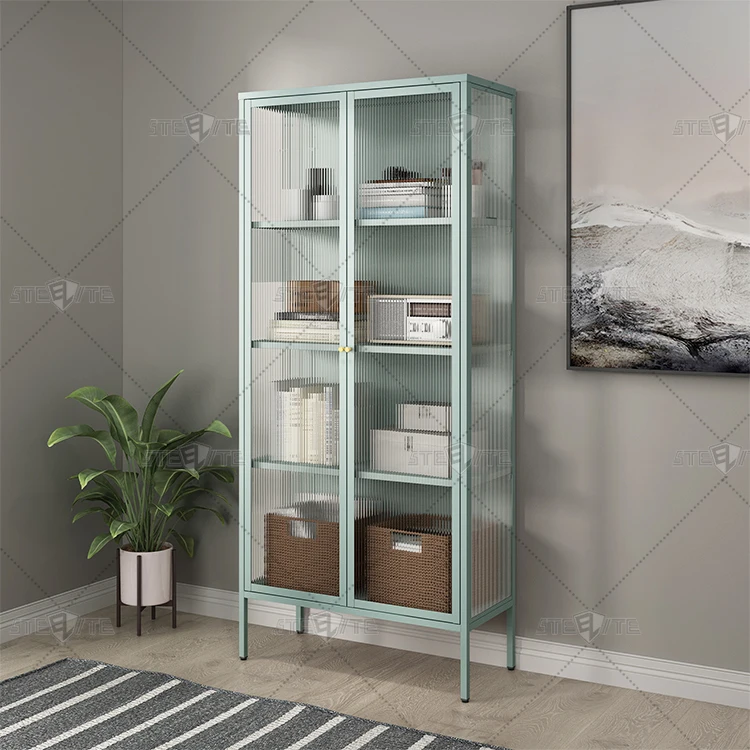 Apartment Display Showcase Storage Cabinet Metal Frame Glass Door Four-storey Display Cabinet with Fluted Glass Door