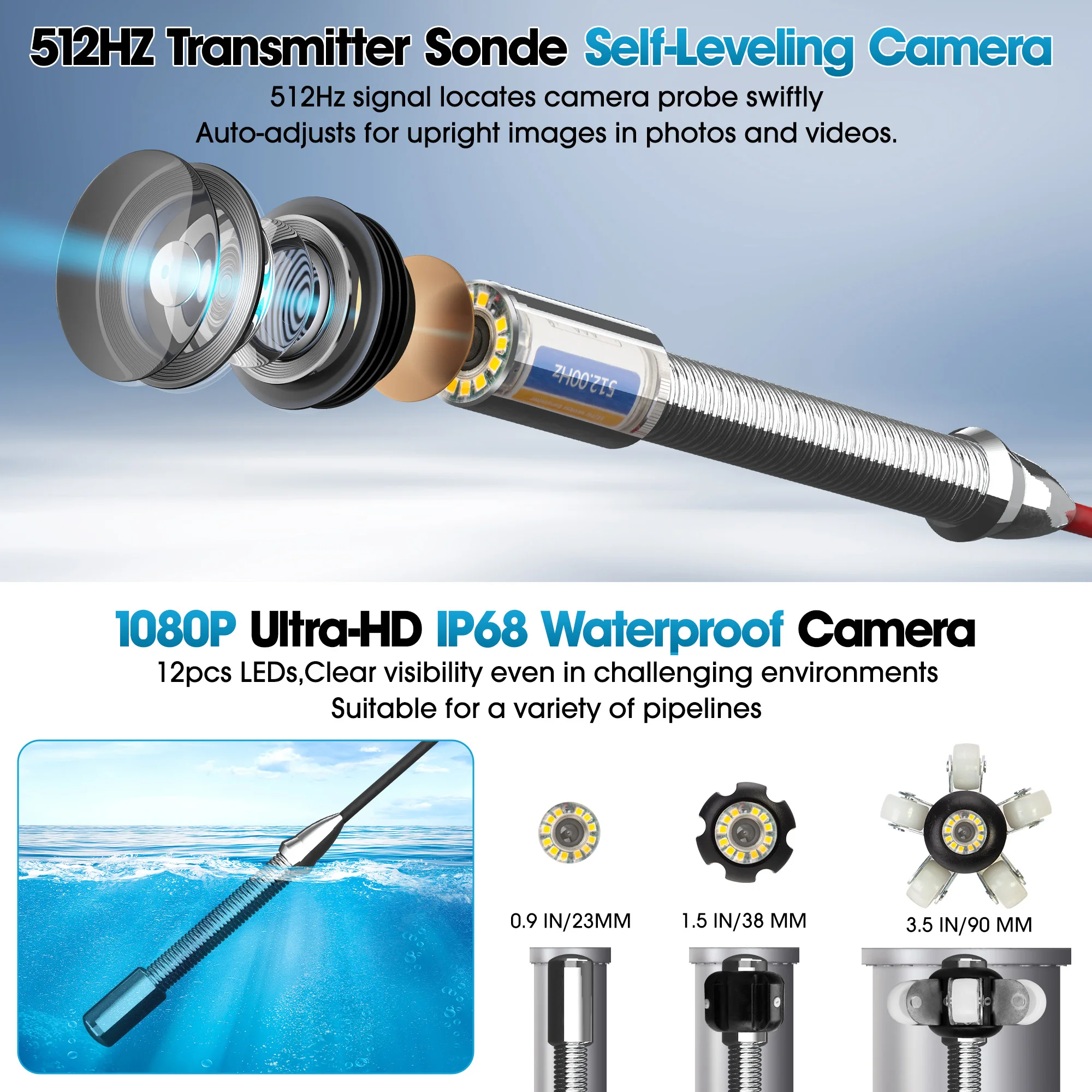 9Inch Drain Pipe Inspection Sewer Camera 512 HZ Self Leveling Industrial Endoscope 23mm Head Sewer Camera Pipe with Locator