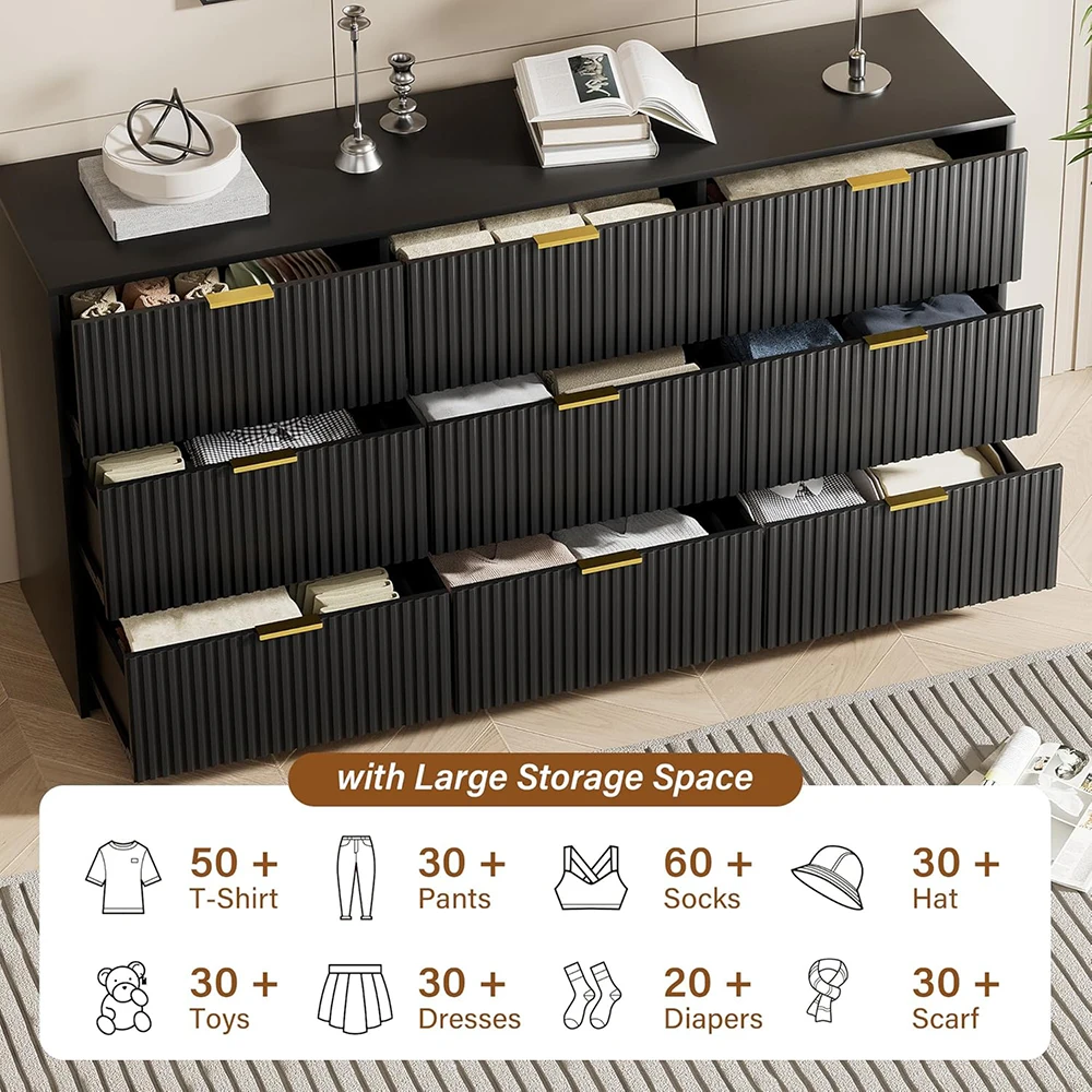 product black wood modern dresser 9 drawers smooth slides wide chest golden handles bedroom living room closet-6