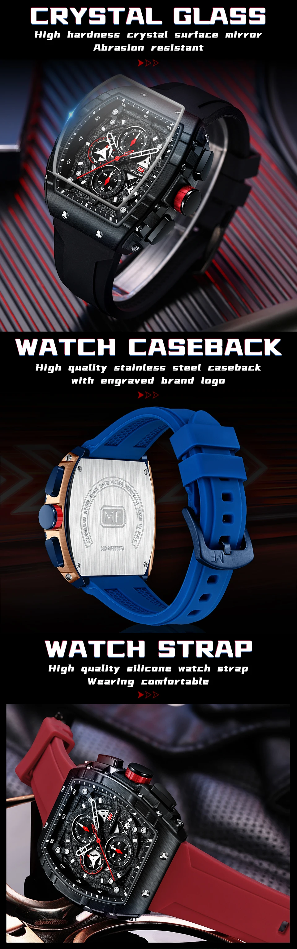 Mini Focus 0399 MF New Multifunction Square Quartz Watch for Man Waterproof Reloj Cuadrado Calendar Silicone Relogio Masculino