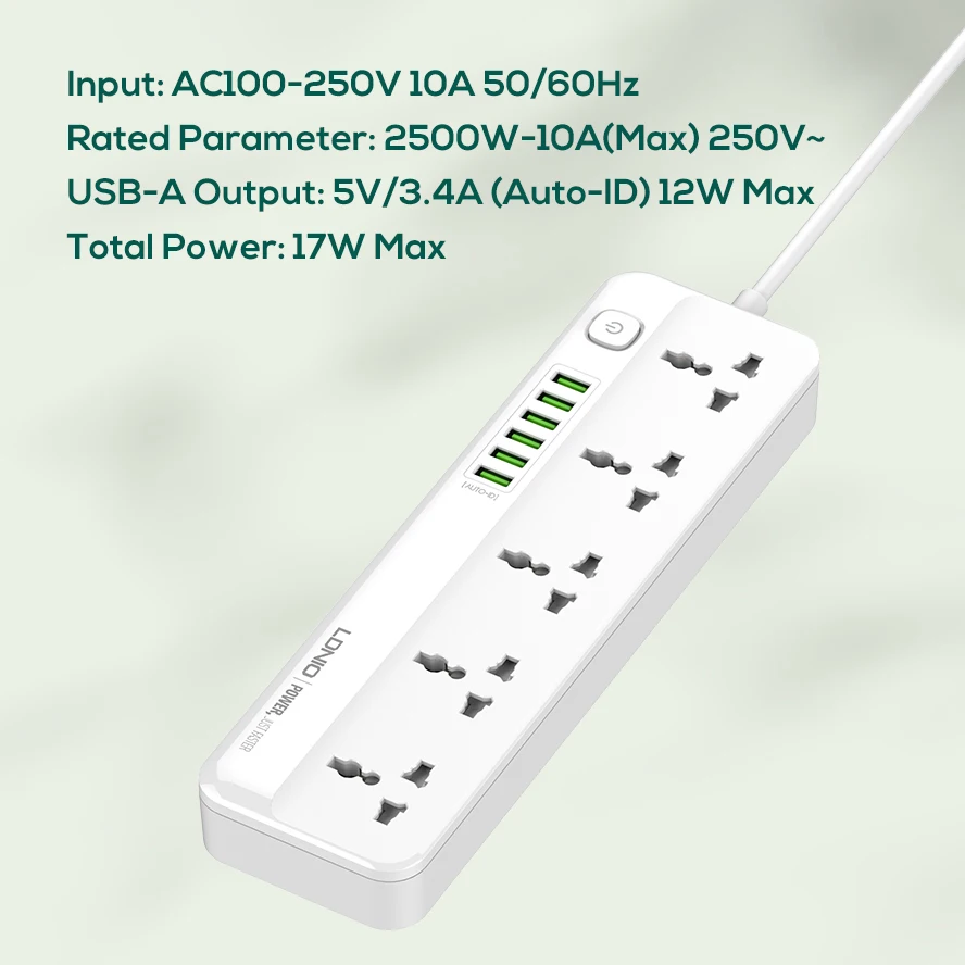 LDNIO 6 Prises 4 Multiprise USB Multiprise 2500 W 3.4A Charge