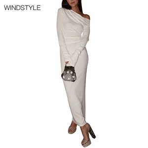 High Quality Formal Commuter Long Dress Slanted Shoulder Solid Color Plus-Size Empire Waist Winter Long Sleeve Dress