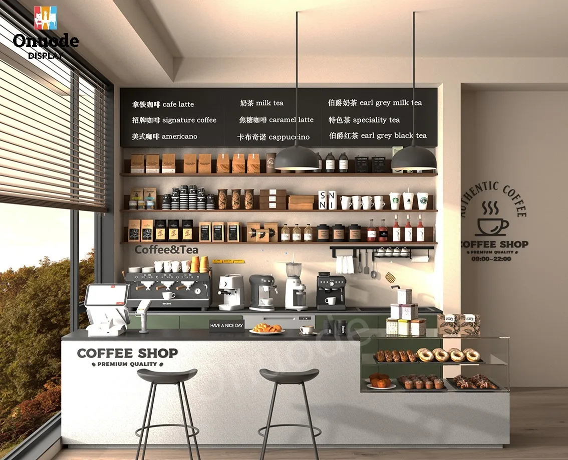 Customizable LED Lighting Coffee Shop Display Cabinets with Elegant Coffee Bar Counter Design and Cake Showcase