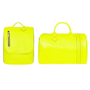 Custom Logo Luxury Croc Leather Neon Yellow Overnight Duffle Weekender Travel Bag and Backpack Set