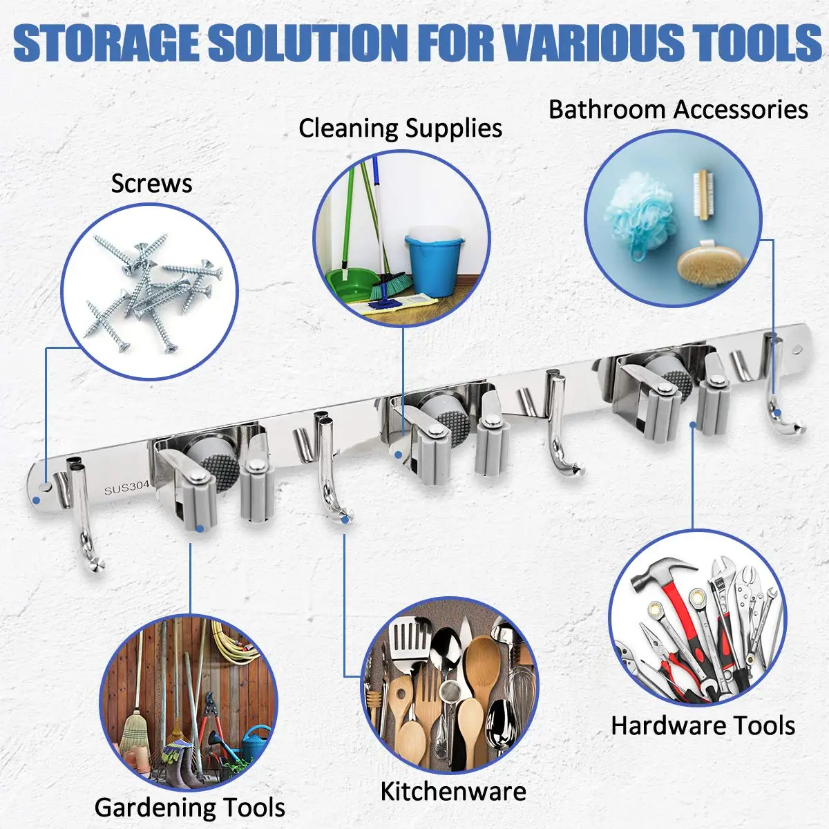 Broom Mop Holder Wall Mount Stainless Steel Wall Mounted Storage