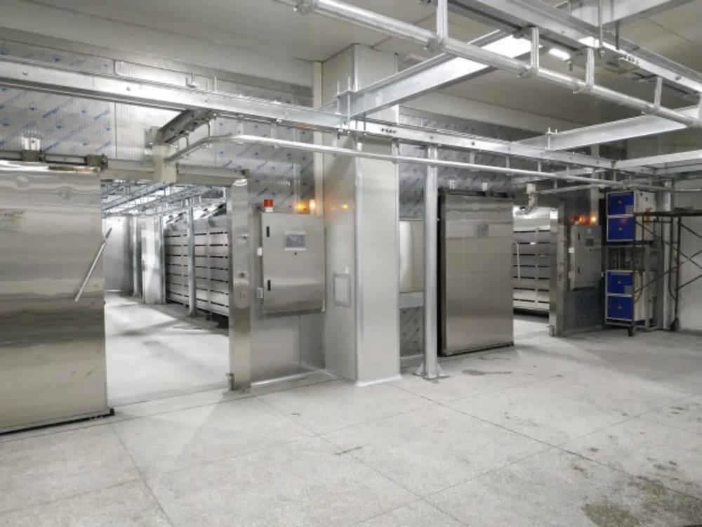 Frozen meat thawing chamber with efficient low temperature and high humidity control system