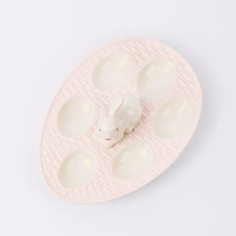 Easter Rabbit Ceramic 6 Compartment Egg Holder Plate Carrier Deviled Egg Serving Plate Tray