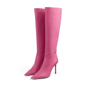 Luxury Pink Leather High Heel Pointed Toe Winter Boots for Women