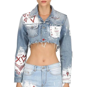 Hand-paint Denim Jacket Shirt   Style Collar Half Jacket Women   Short Pakistan Jeans Jacket