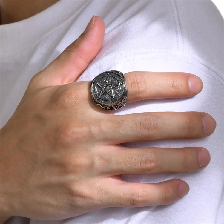 Anello luna stella da uomo, anello mezzaluna di luna argento nero, anello stella antica, anello punk rock luna e stella, anello da motociclista hip hop, gioielli retrò stella luna per uomini ragazzi