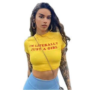 Letter Print Short t Shirt Summer Collection Women's Slim-Fit Crop Tops Casual Solid Fitted Knitted Y2K Elasticity t Top